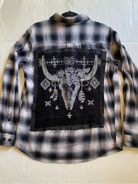 Upcycled Black & White Plaid Flannel Shirt with Longhorn Cow Graphic Back Patch